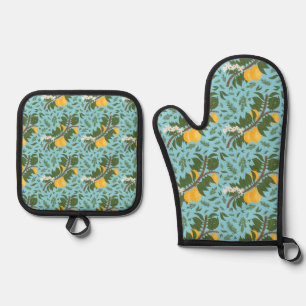 Sun-Drenched Lemons Sky Blue   Kitchen Oven Mitt & Pot Holder Set