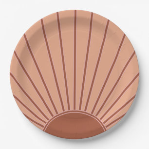 Sun Earth Tones Sunrise Brown Rust Retro Sunshine Paper Plate
