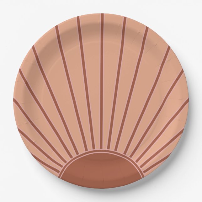 Sun Earth Tones Sunrise Brown Rust Retro Sunshine Paper Plate (Front)