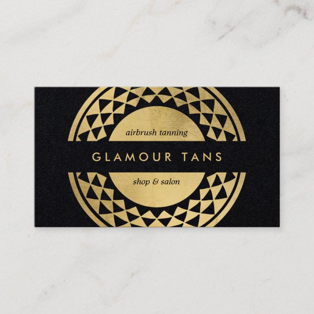 Sun Emblem Faux Gold Spray Tanning Black Paper Business Card (Front)