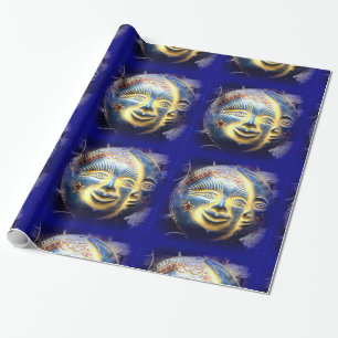 sun face/ moon face celestial blue wrapping paper