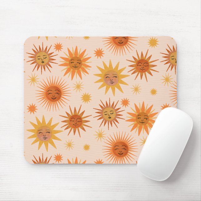 Sun Face Orange Watercolor Illustration Mouse Mat (With Mouse)