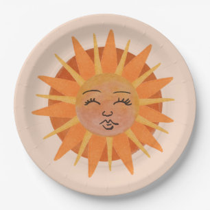 Sun Face Orange Watercolor Illustration Paper Plate