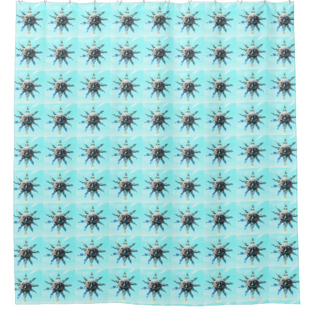 sun faces on light blue pattern shower curtain (Front)