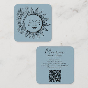 Sun Floral Boho Line Art Elegant QR Code Blue Square Business Card
