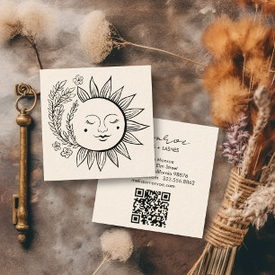 Sun Floral Boho Line Art Elegant QR Code Cream Square Business Card
