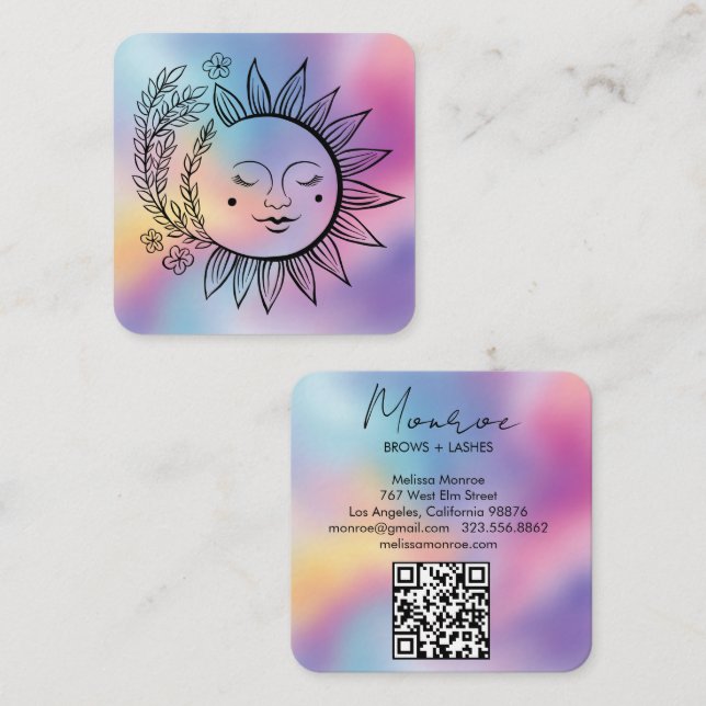 Sun Floral Boho Line Art Elegant QR Code Rainbow  Square Business Card (Front/Back)