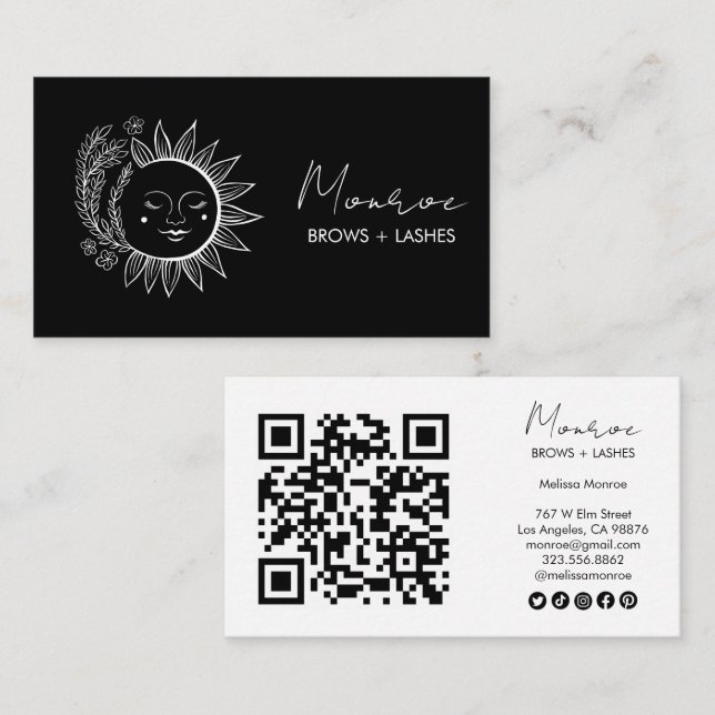 Sun Floral Boho Line Art Elegant QR Social Icons Business Card (Front/Back)