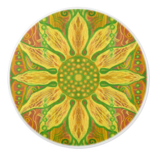 Sun Flower bohemian floral art yellow green orange Ceramic Knob