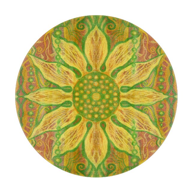 Sun Flower bohemian floral art yellow green orange Cutting Board (Front)
