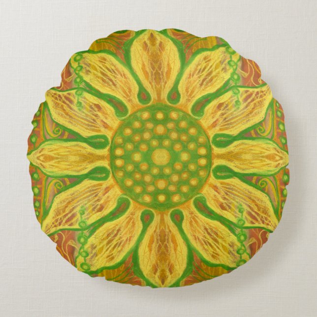 Sun Flower bohemian floral art yellow green orange Round Cushion (Front)