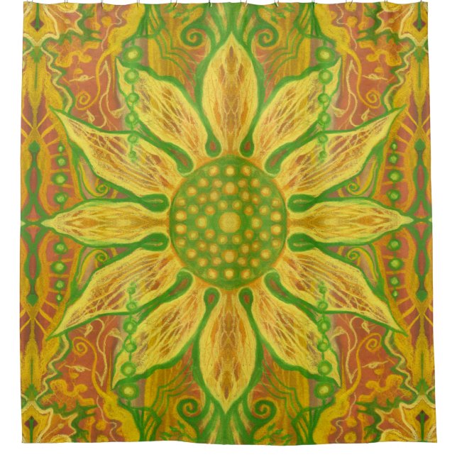 Sun Flower bohemian floral art yellow green orange Shower Curtain (Front)