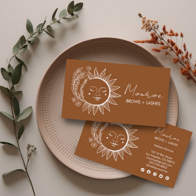 Sun Flower Boho Line Art Earthy Chic Social Icons Business Card (Custom botanical sun artwork on these chic business cards with social media icons)