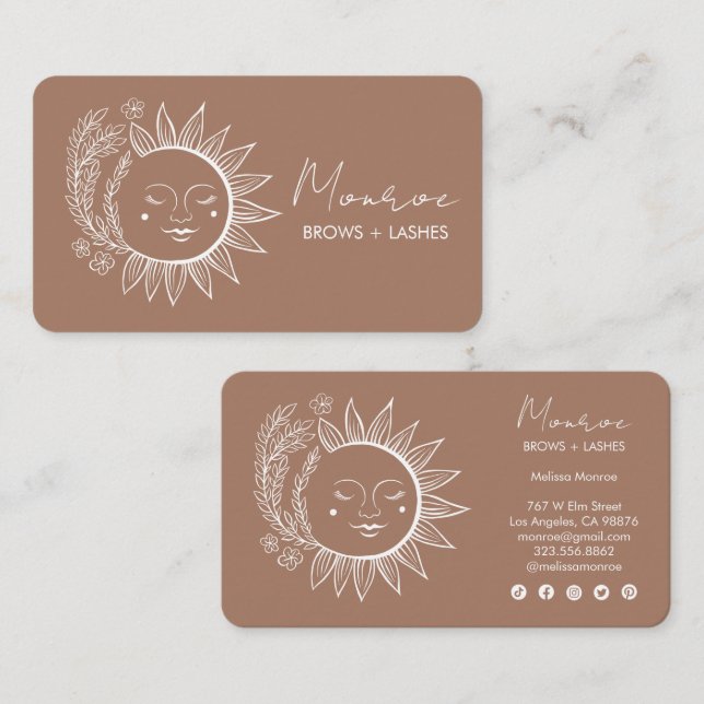Sun Flower Boho Line Art Elegant Mocha Social Icon Business Card (Front/Back)