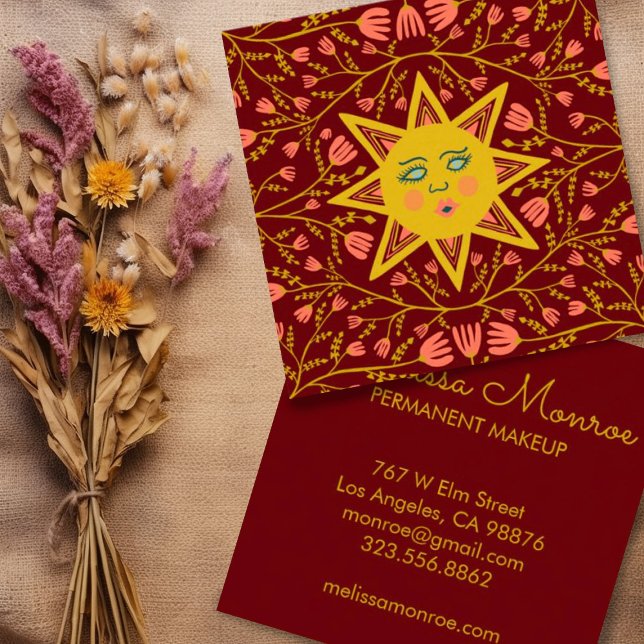 Sun & Flowering Vines Elegant Boho Burgundy Square Business Card (Boho sunshine and flowering vines illustrated custom business card with red background)