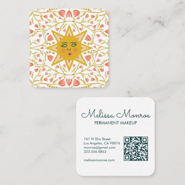 Sun & Flowering Vines Elegant Boho QR Code Square Business Card (Front/Back)