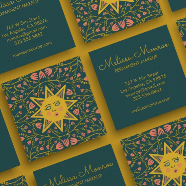 Sun & Flowering Vines Elegant Boho Square Business Card (Creator Uploaded)