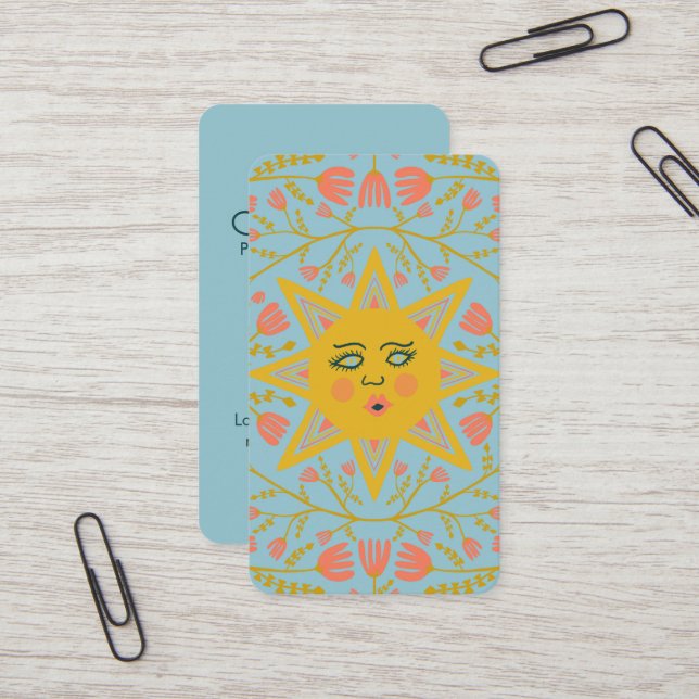 Sun & Flowering Vines Elegant Illustrated Blue Business Card (Front/Back In Situ)