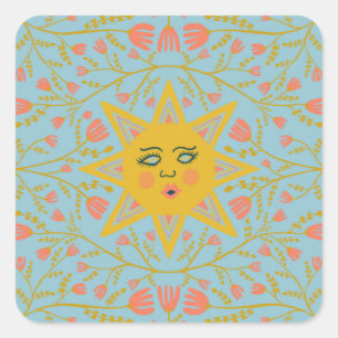 Sun & Flowering Vines Pattern Blue Square Sticker