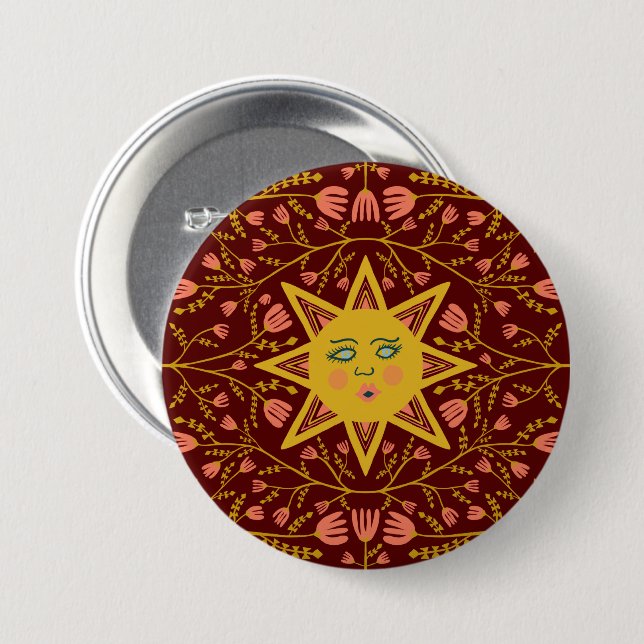 Sun & Flowering Vines Pattern Boho Burgundy 7.5 Cm Round Badge (Front & Back)