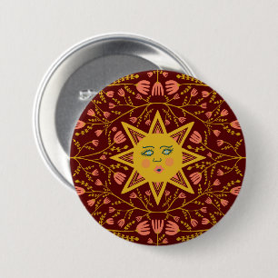 Sun & Flowering Vines Pattern Boho Burgundy 7.5 Cm Round Badge