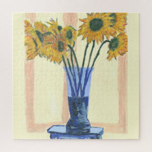 Sun Flowers In Blue Vase Jigsaw Puzzle