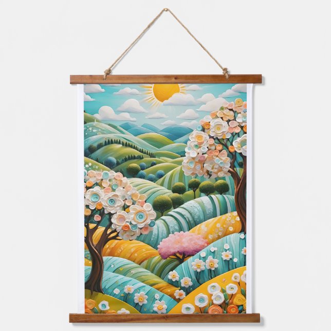 Sun, flowers, trees and clouds in a wonderful view hanging tapestry (Front)