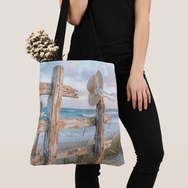 Sun Hat On a Beach Fence Tote Bag (Close Up)