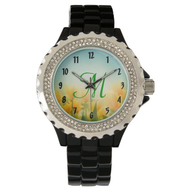 Sun Kissed Yellow Tulips Wrist Watch (Front)