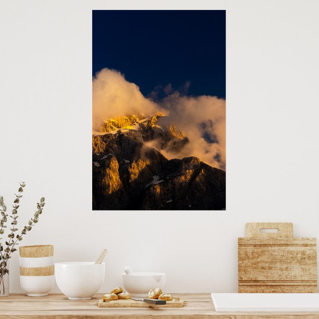 Sun lit mountains covered by clouds poster (Kitchen)