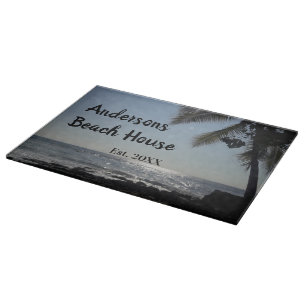 Sun lit Palm Tree Ocean Family Name Cutting Board