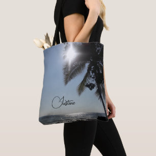 Sun lit Palm Tree Ocean Personalised Tote Bag