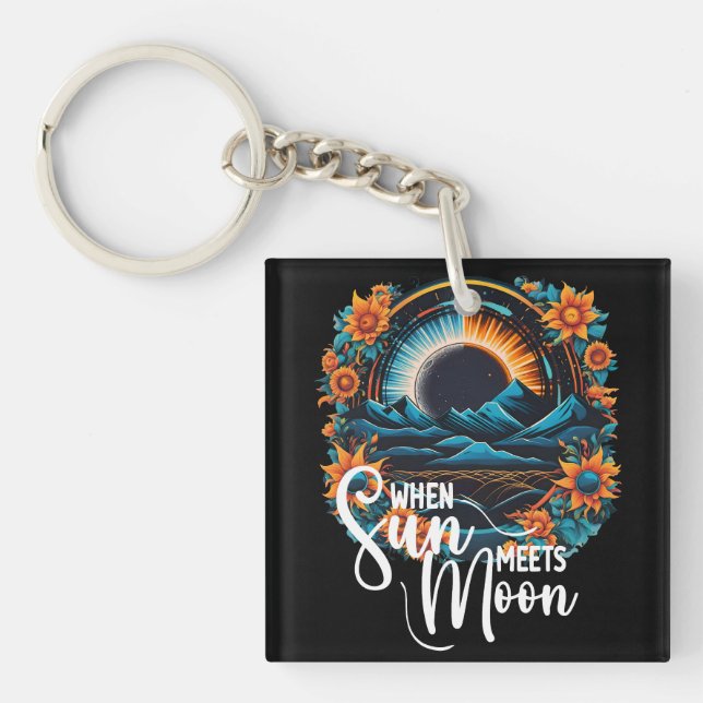 Sun Meets Moon, Orange Floral Eclipse Landscape Key Ring (Front)