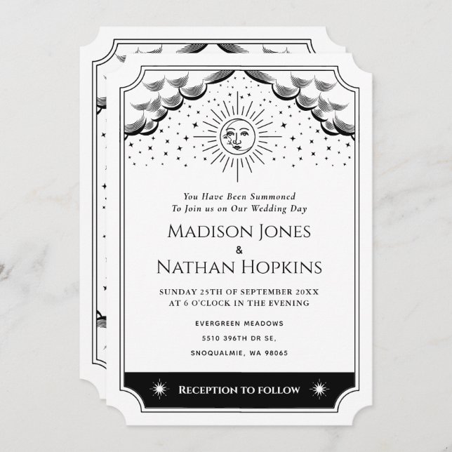 Sun & Moon Black & White Tarot Wedding Invitation (Front/Back)