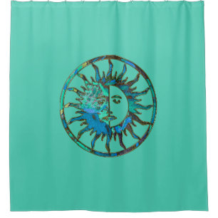 Sun & Moon - blue green + your backgr. & ideas Shower Curtain