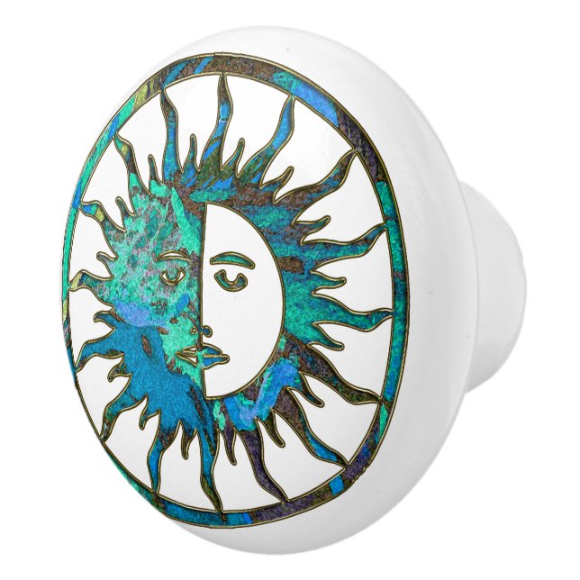 SUN & MOON blue green + your background Ceramic Knob (Right)