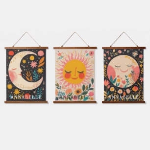 Sun & Moon Boho Floral Illustration First Names Hanging Tapestry