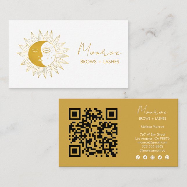 Sun & Moon Boho Golden Elegant QR Social Icons Business Card (Front/Back)