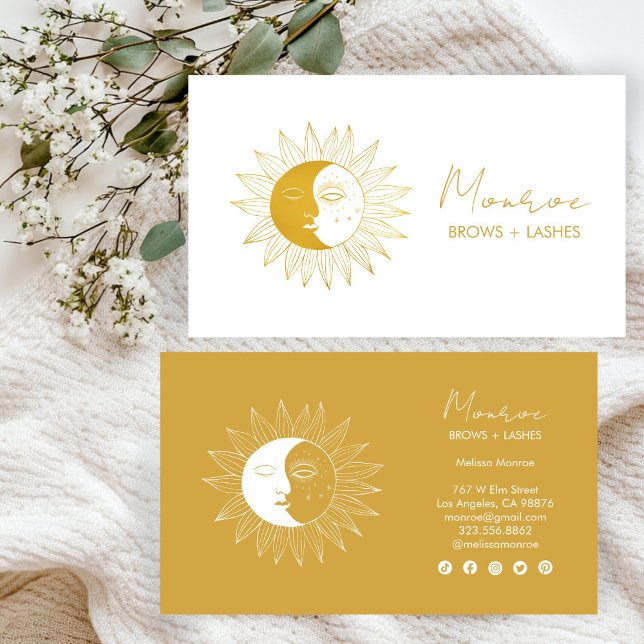 Sun & Moon Boho Line Art Elegant Gold Social Icons Business Card (Sun & Moon Boho Line Art Elegant Gold Social Icons Business Card
)