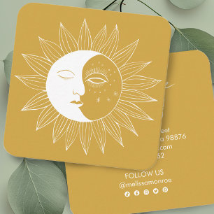 Sun & Moon Boho Line Art Elegant Gold Social Icons Square Business Card