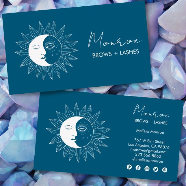 Sun & Moon Boho Line Art Elegant Teal Social Icons Business Card (Make these business cards shine by adding your details and customizing the social media icons.)
