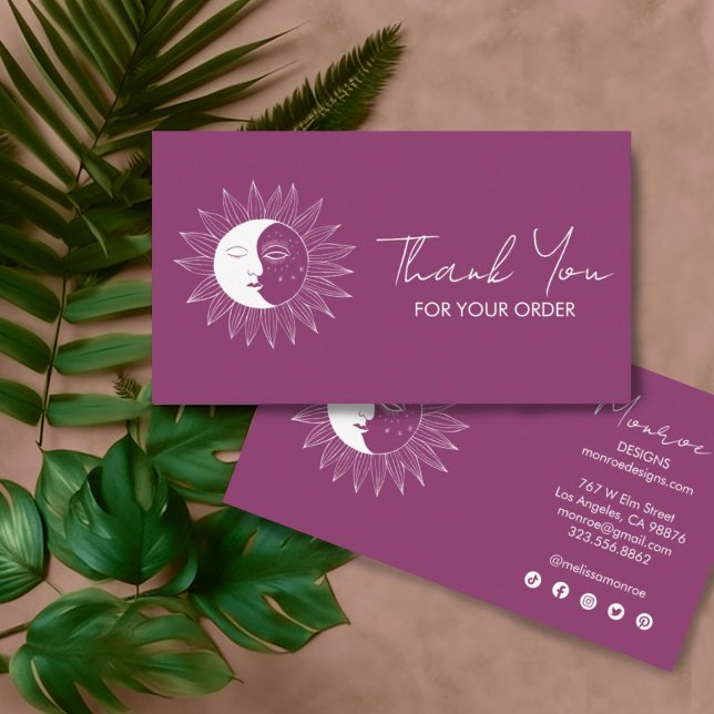 Sun & Moon Boho Social Icons Order Thank You Berry Business Card (Custom thank you for your order cards with a sun and moon illustration and social media icons)
