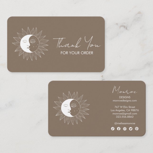 Sun & Moon Boho Social Icons Order Thank You Taupe Business Card (Front/Back)