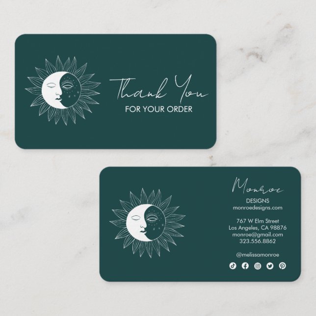 Sun & Moon Boho Social Media Order Thank You Green Business Card (Front/Back)