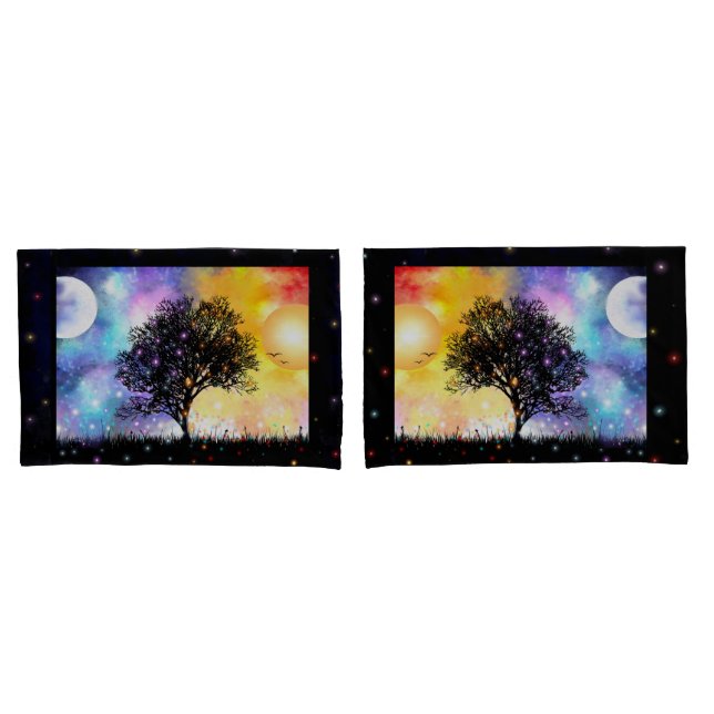 sun moon cosmic sunset with black tree pillowcase (Front-Set)