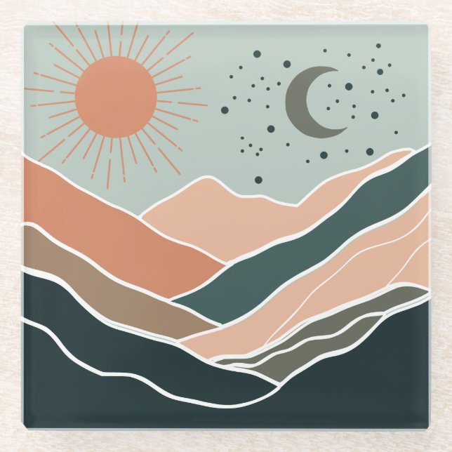 Sun & Moon Mountains Glass Coaster (Front)