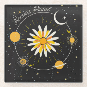 Sun Moon Planets: Graphic Floral Art Glass Coaster