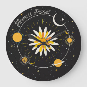 Sun Moon Planets: Graphic Floral Art Large Clock
