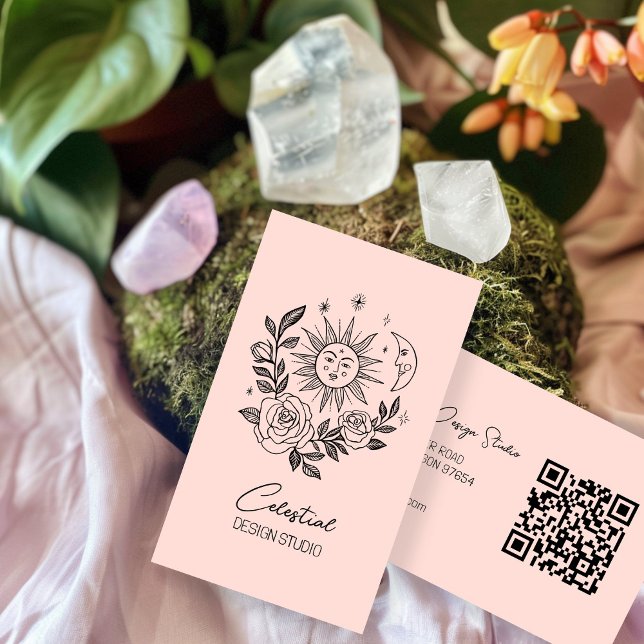 Sun Moon & Roses Magical Boho Botanical CUSTOM QR  Business Card (Sun Moon & Roses Magical Boho Botanical CUSTOM QR Business Card
)