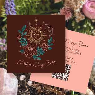 Sun Moon & Roses Magical Boho Colourful CUSTOM QR  Square Business Card